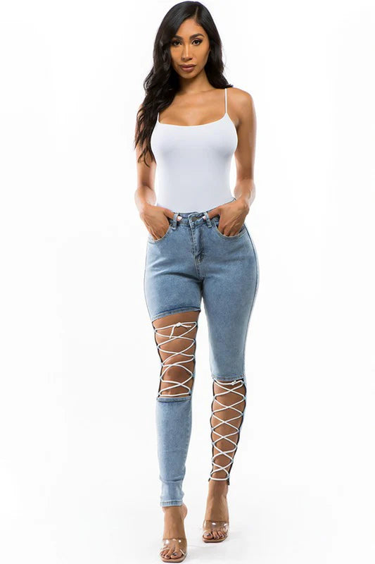 Crisscross Strap Denim Cut Skinny Jeans