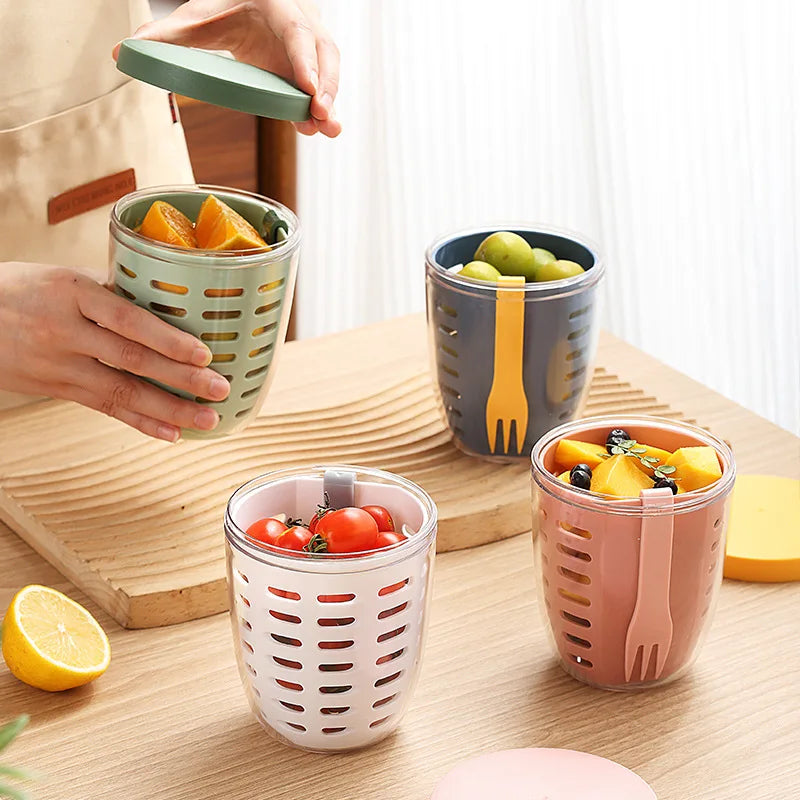 1PC Dripable Fruit Cup with Fork Food Grade Student Portable Picnic Storage Bucket Plastic Cup Sealed Leak Proof Salad Cup